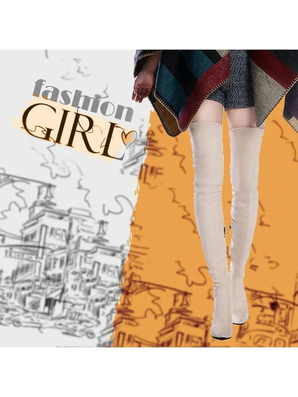 Women's Nude Suede Stretch Chunky Heel Over Shaft Length Knee Boots Thigh High